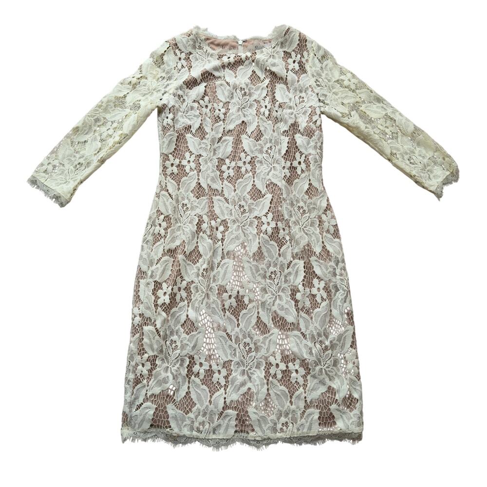 Adrianna Papell Ivory Lace Sheath Dress 3/4 Sleeve Cocktail Wedding Dress